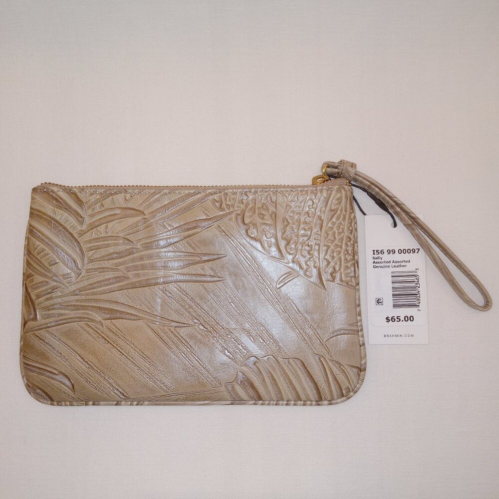 Brahmin Sally Wristlet/Cosmetic Bag Embossed Palm Leaf Print Leather Taupe NWT - Picture 2 of 12